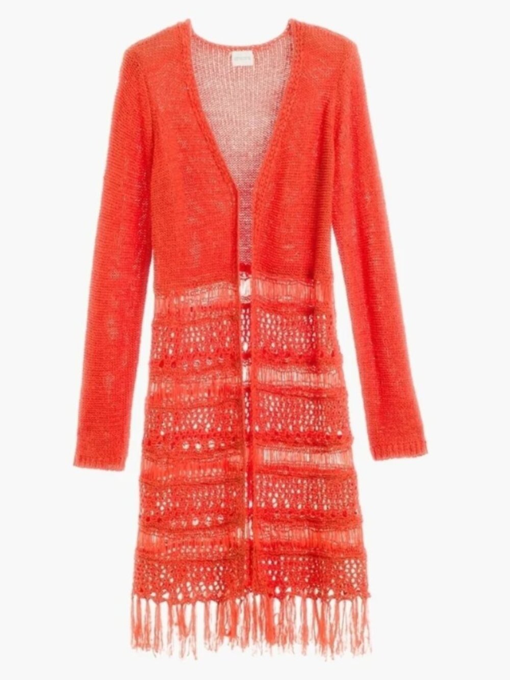 Chico's Orange Longline Crochet Fringe Cardigan Size 2 (12)